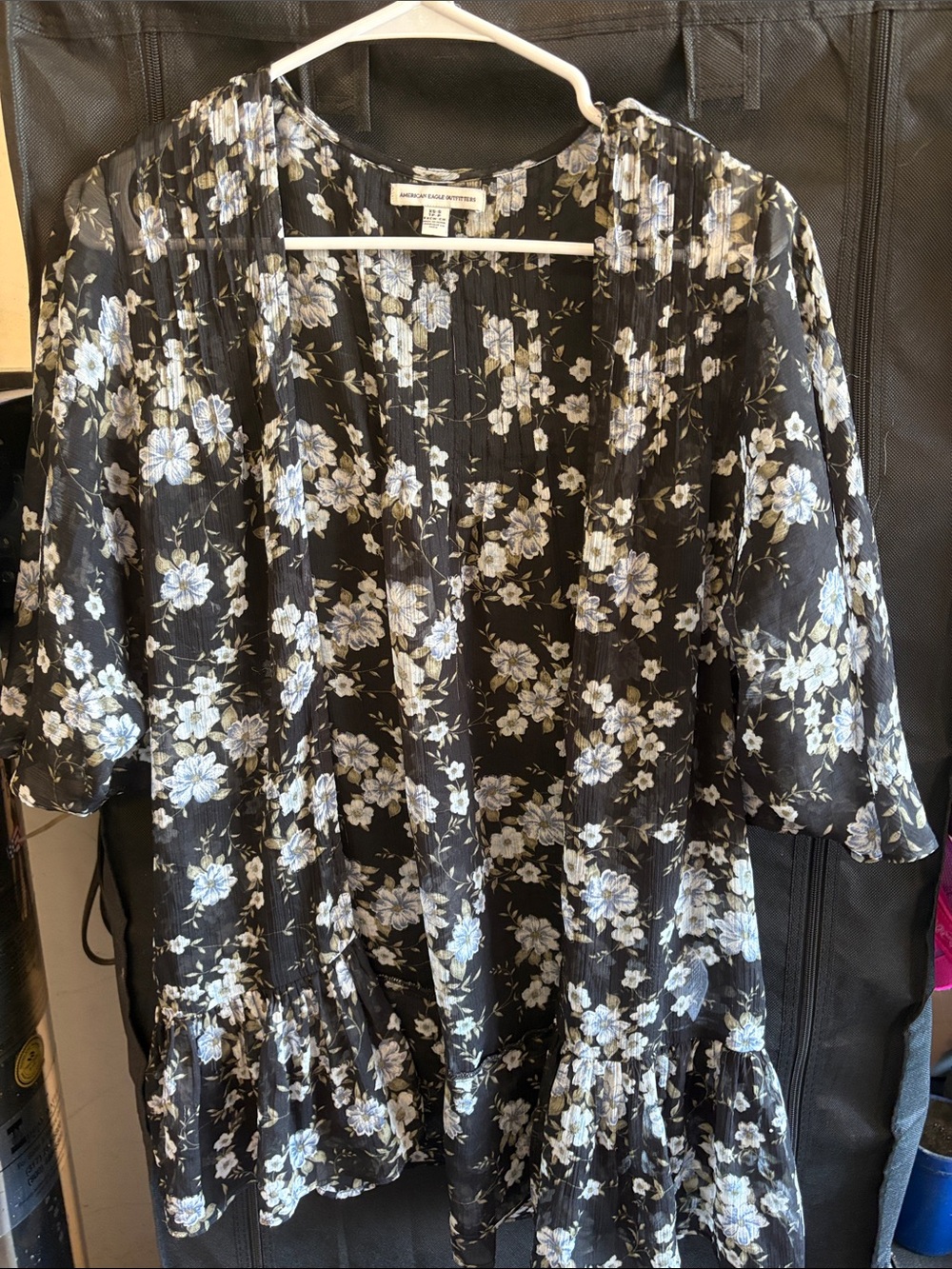 Floral Tiered Short Sleeve cardigan - Black with Light Blue Flowers